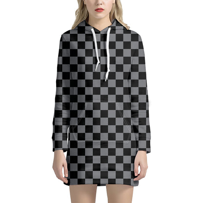 Grey And Black Checkered Pattern Print Hoodie Dress