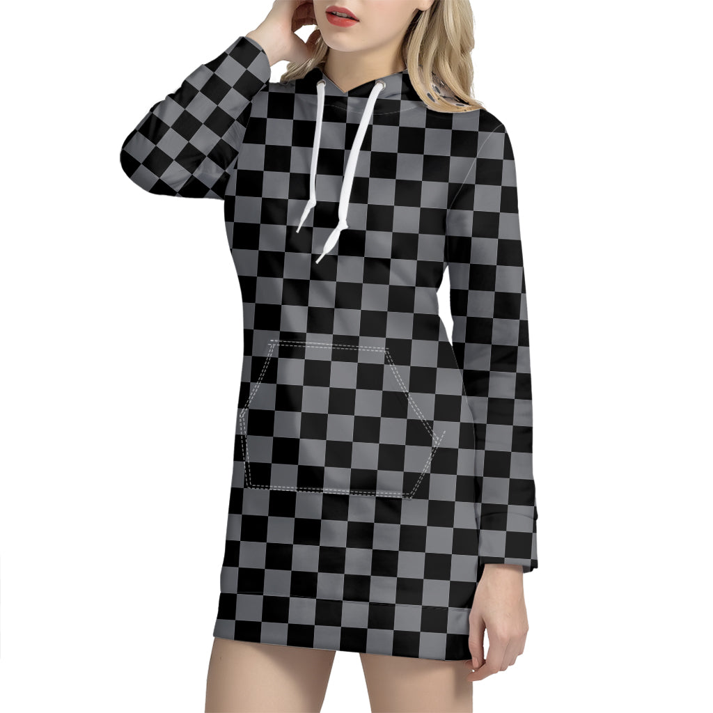 Grey And Black Checkered Pattern Print Hoodie Dress