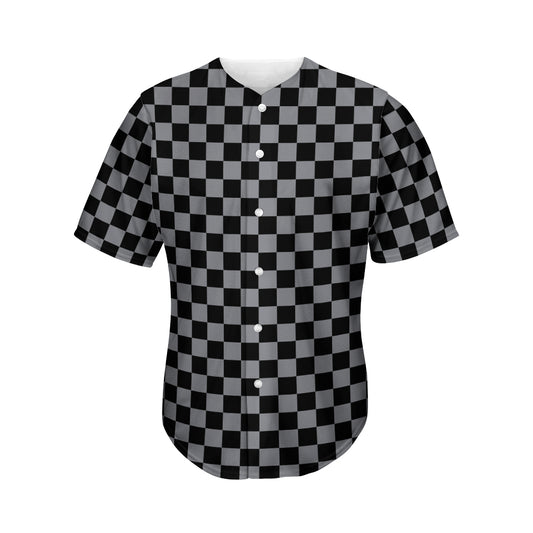 Grey And Black Checkered Pattern Print Men's Baseball Jersey