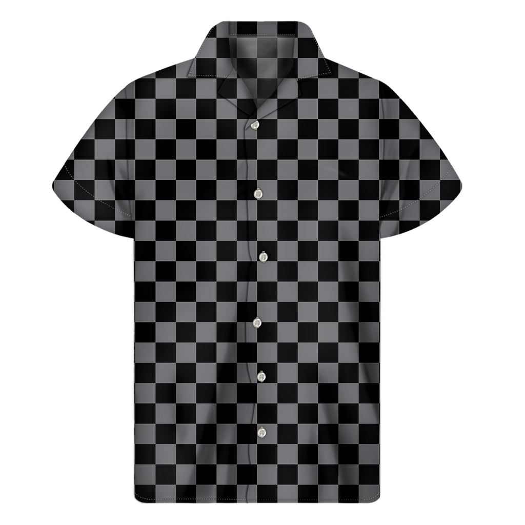 Grey And Black Checkered Pattern Print Men's Short Sleeve Shirt