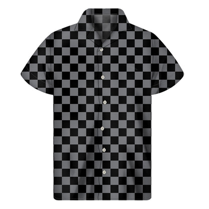 Grey And Black Checkered Pattern Print Men's Short Sleeve Shirt