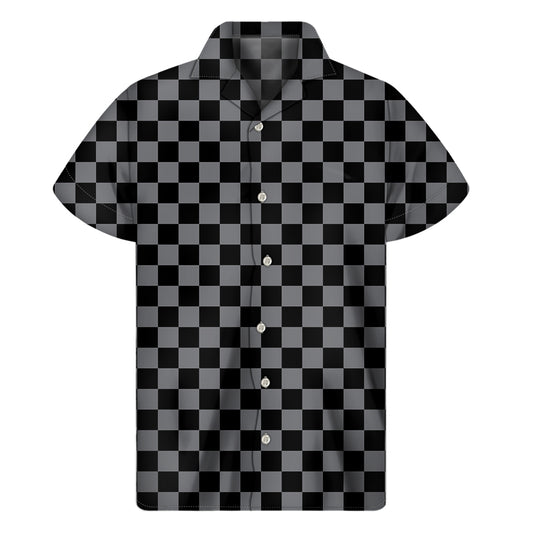 Grey And Black Checkered Pattern Print Men's Short Sleeve Shirt