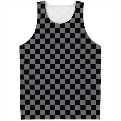 Grey And Black Checkered Pattern Print Men's Tank Top