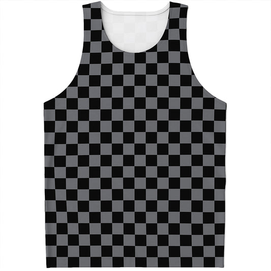 Grey And Black Checkered Pattern Print Men's Tank Top