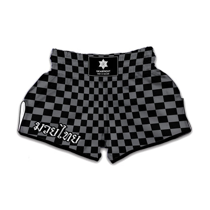 Grey And Black Checkered Pattern Print Muay Thai Boxing Shorts