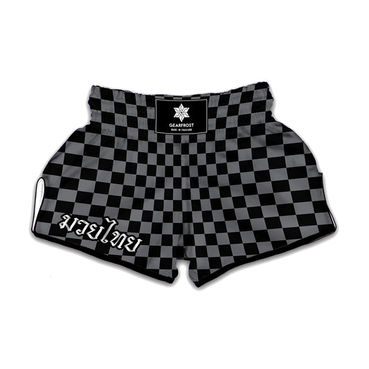 Grey And Black Checkered Pattern Print Muay Thai Boxing Shorts