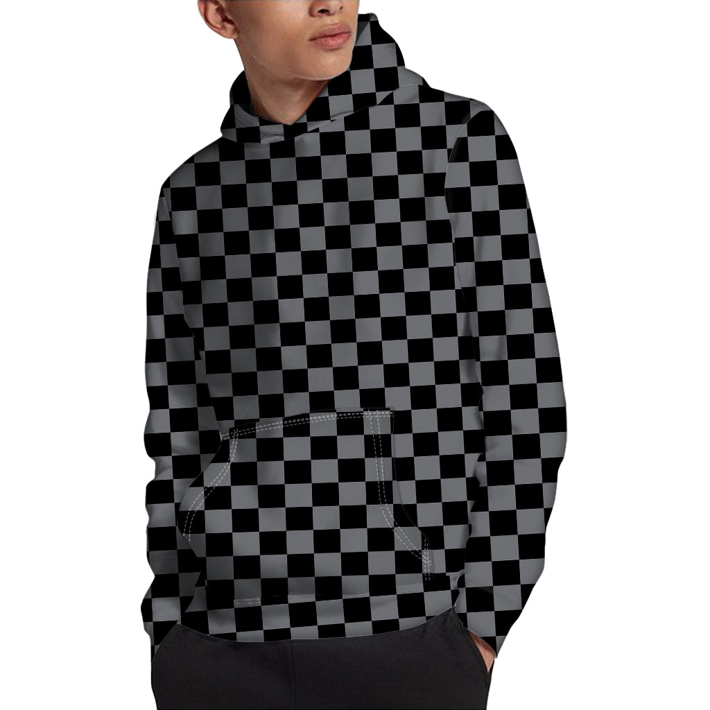 Grey And Black Checkered Pattern Print Pullover Hoodie