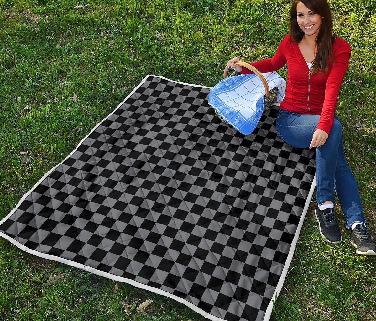 Grey And Black Checkered Pattern Print Quilt