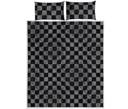 Grey And Black Checkered Pattern Print Quilt Bed Set