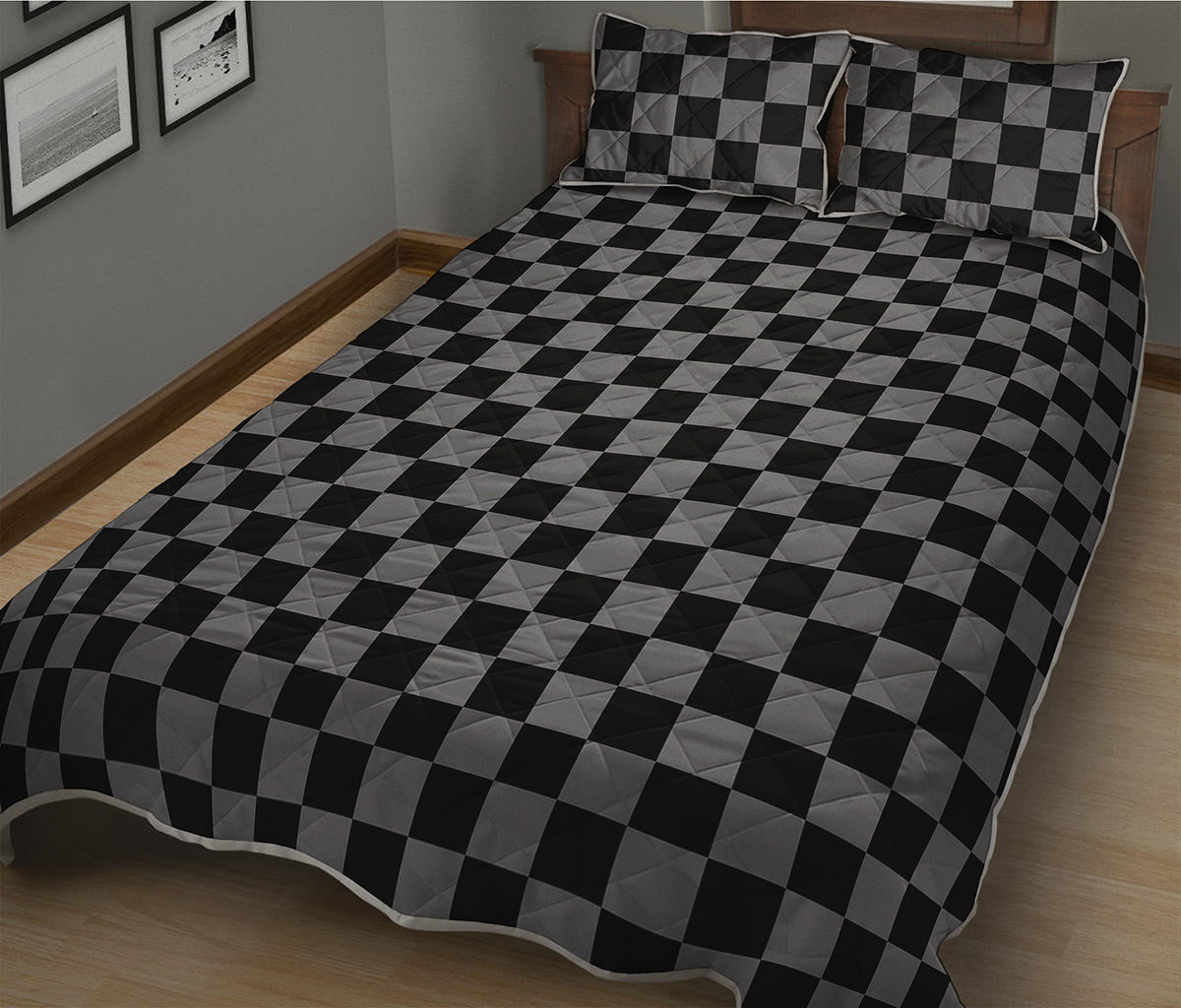 Grey And Black Checkered Pattern Print Quilt Bed Set