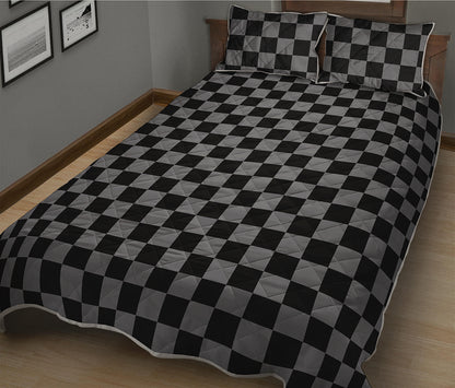 Grey And Black Checkered Pattern Print Quilt Bed Set