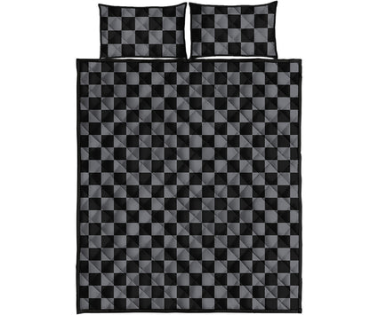 Grey And Black Checkered Pattern Print Quilt Bed Set