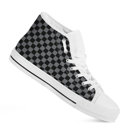 Grey And Black Checkered Pattern Print White High Top Shoes