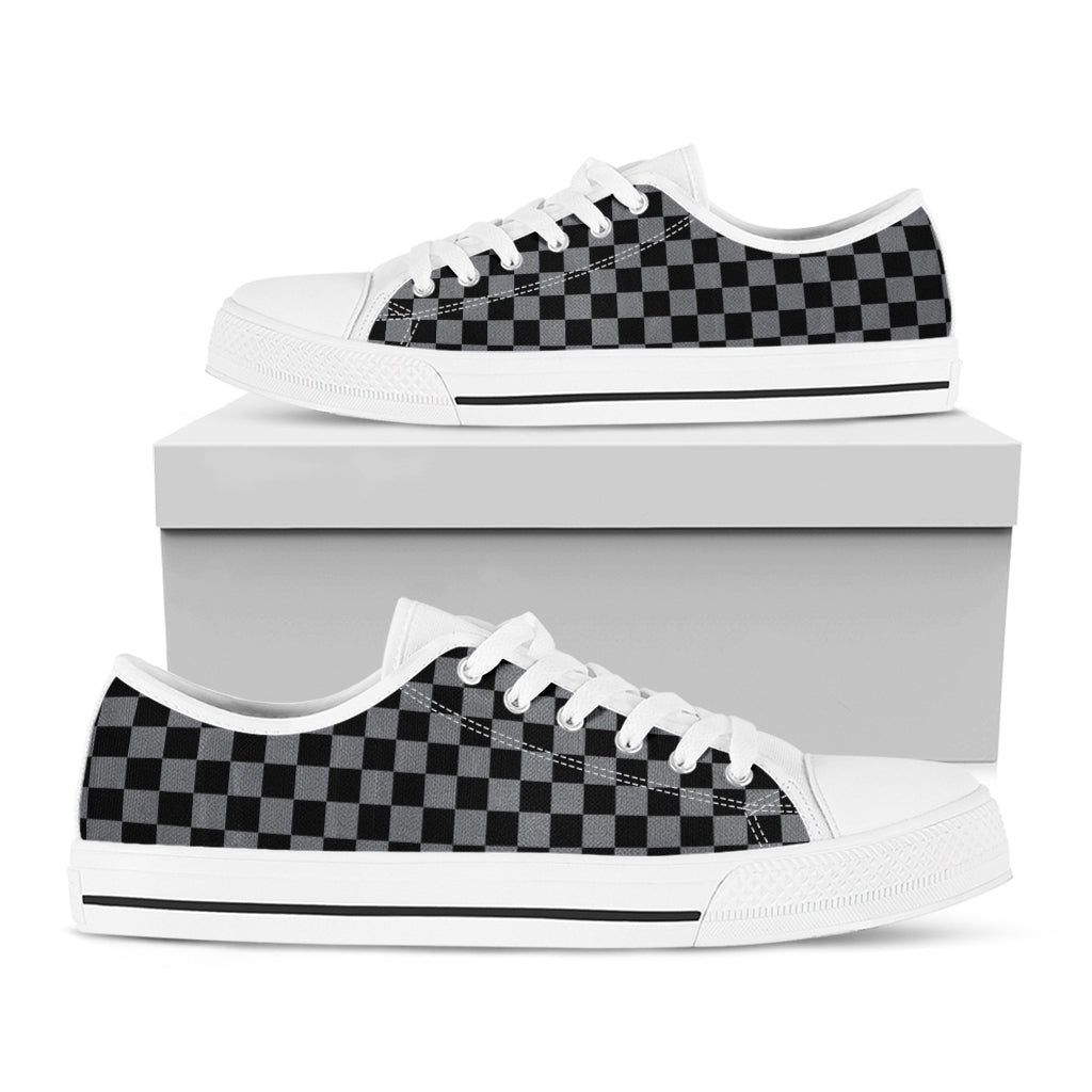 Grey And Black Checkered Pattern Print White Low Top Shoes