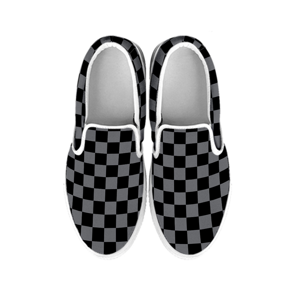 Grey And Black Checkered Pattern Print White Slip On Shoes