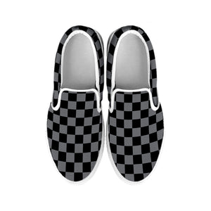 Grey And Black Checkered Pattern Print White Slip On Shoes