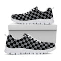 Grey And Black Checkered Pattern Print White Running Shoes