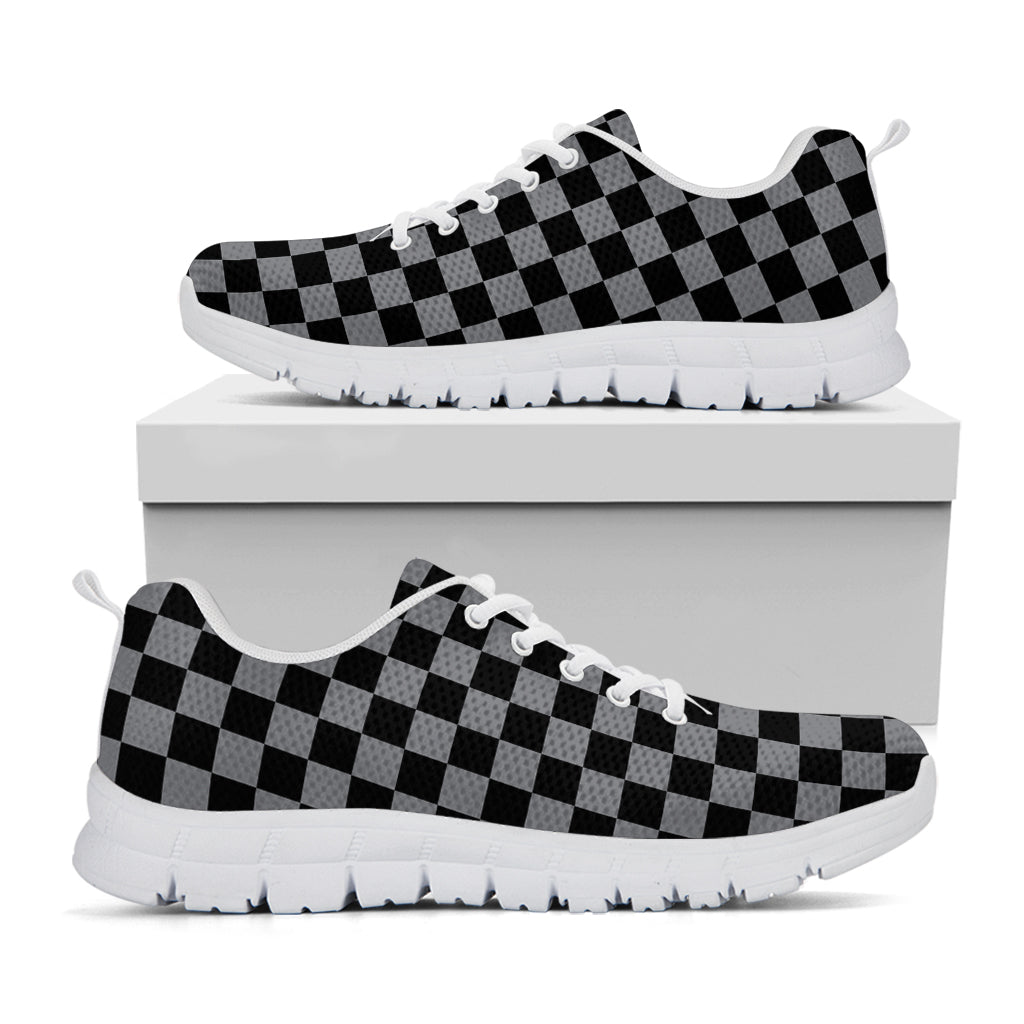 Grey And Black Checkered Pattern Print White Sneakers