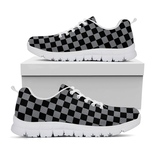 Grey And Black Checkered Pattern Print White Sneakers