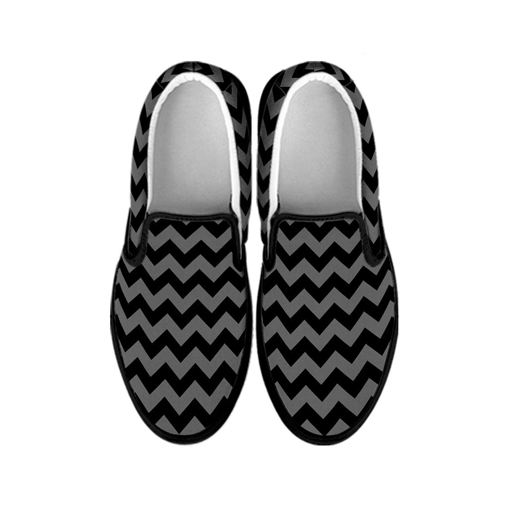 Grey And Black Chevron Pattern Print Black Slip On Shoes