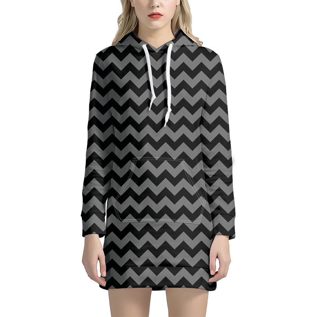 Grey And Black Chevron Pattern Print Hoodie Dress