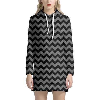 Grey And Black Chevron Pattern Print Hoodie Dress