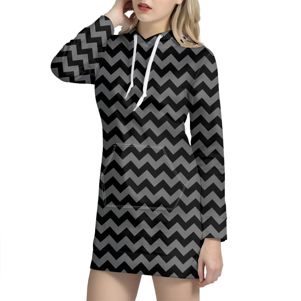 Grey And Black Chevron Pattern Print Hoodie Dress