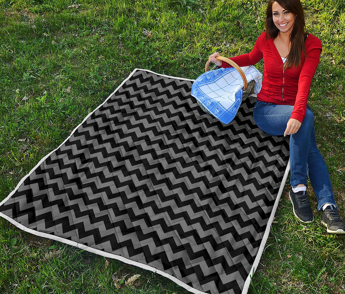 Grey And Black Chevron Pattern Print Quilt