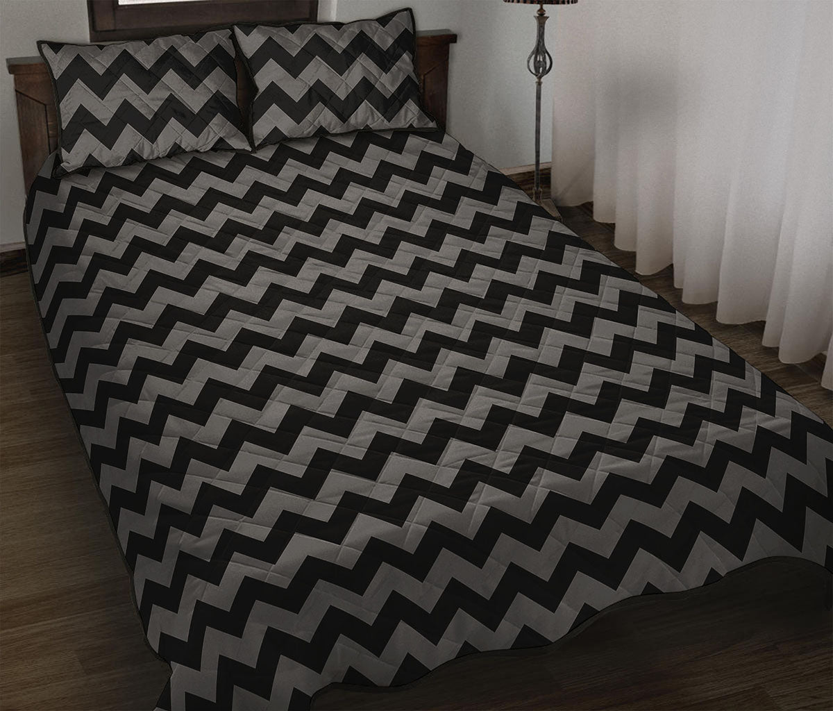 Grey And Black Chevron Pattern Print Quilt Bed Set