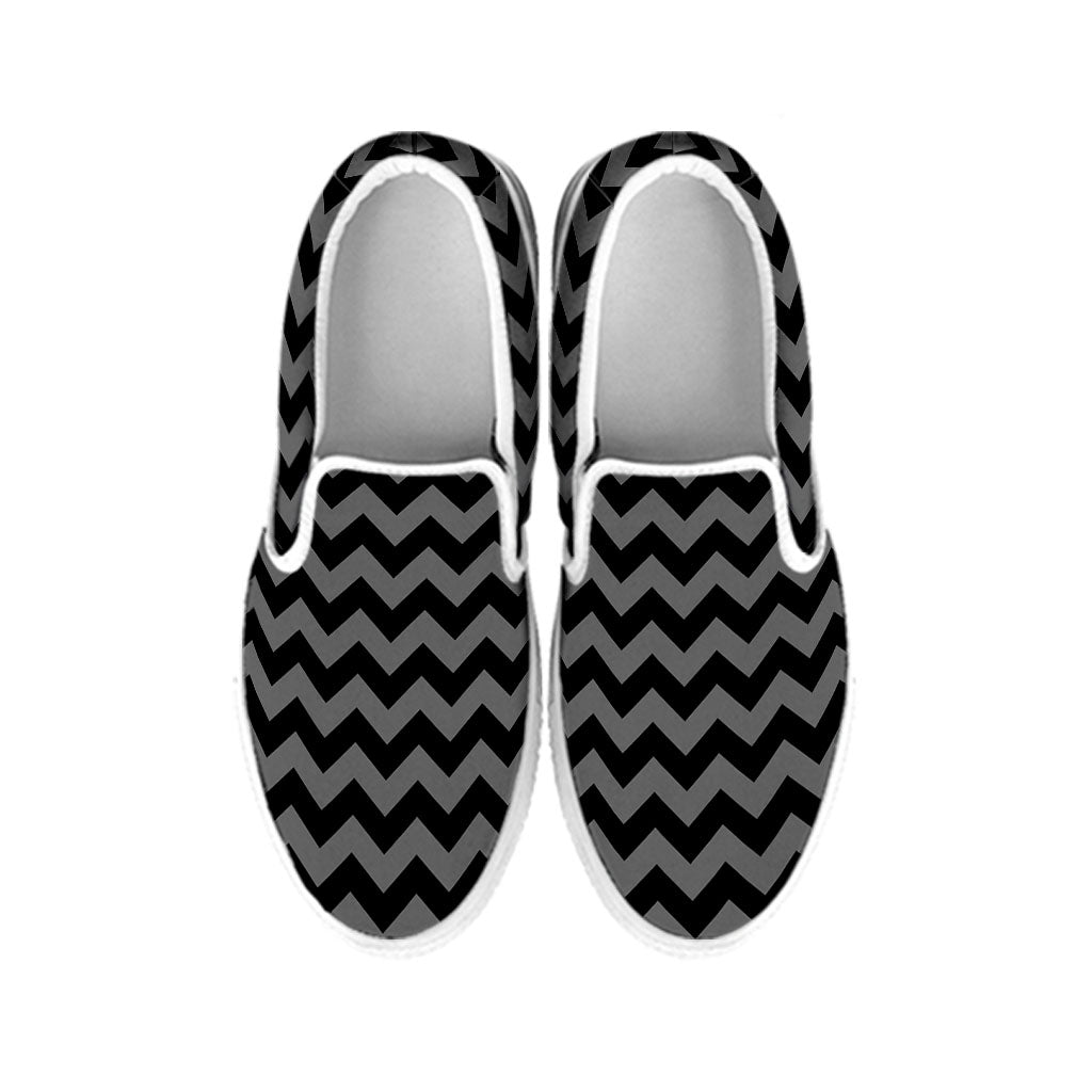 Grey And Black Chevron Pattern Print White Slip On Shoes