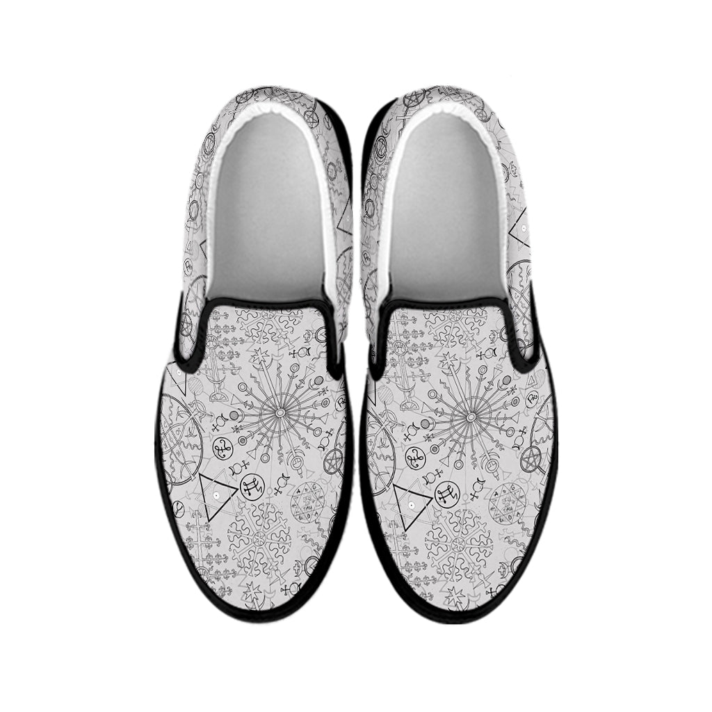 Grey And Black Mystical Wiccan Print Black Slip On Shoes