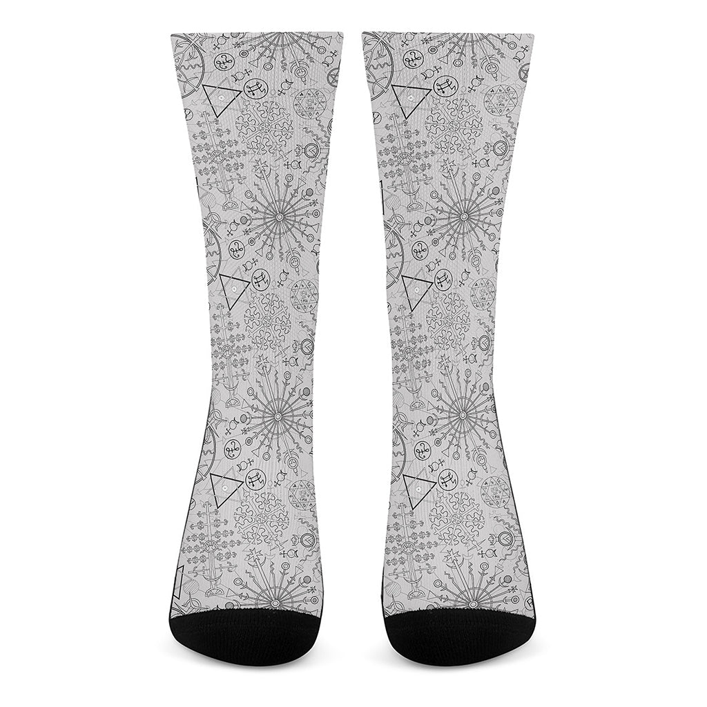Grey And Black Mystical Wiccan Print Crew Socks