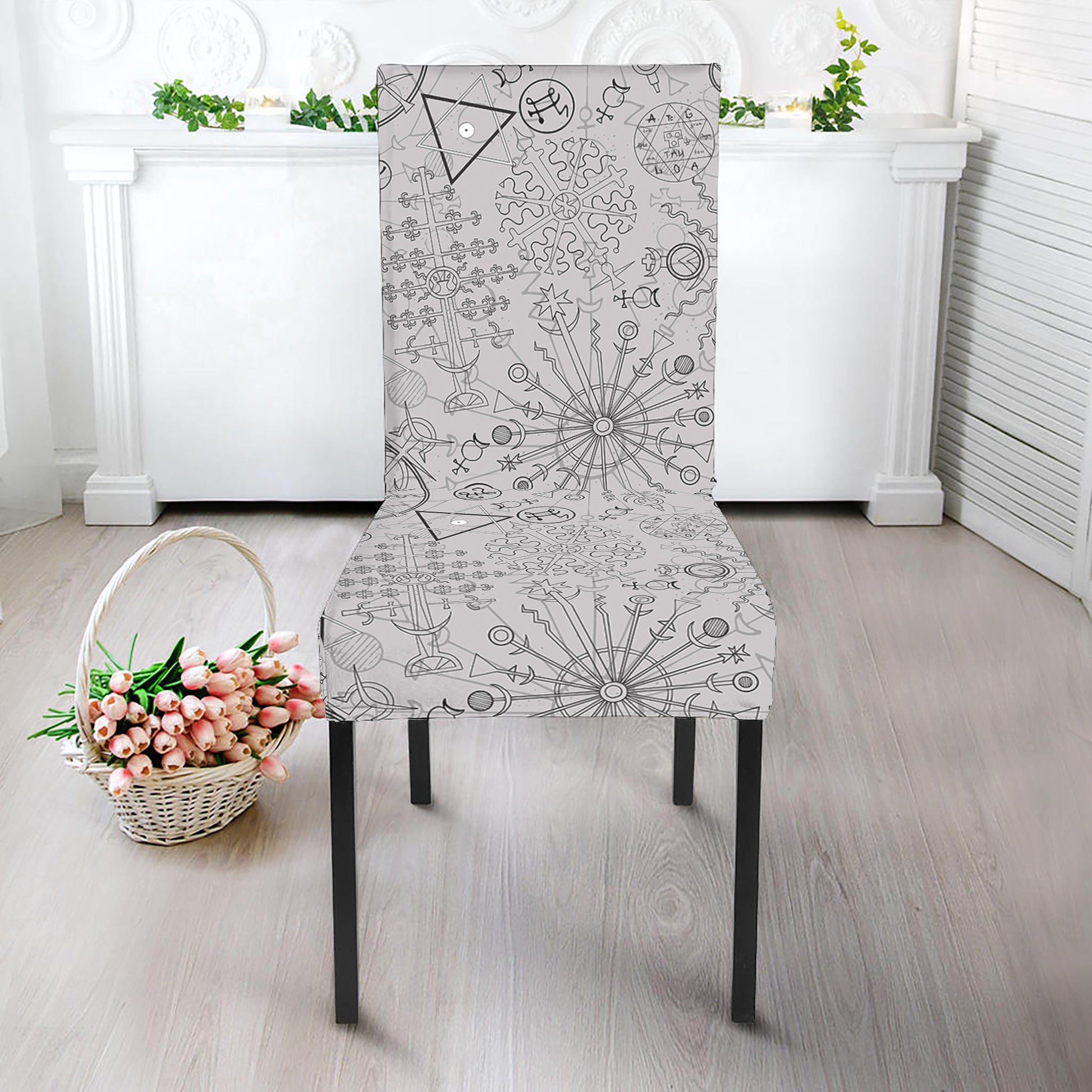 Grey And Black Mystical Wiccan Print Dining Chair Slipcover