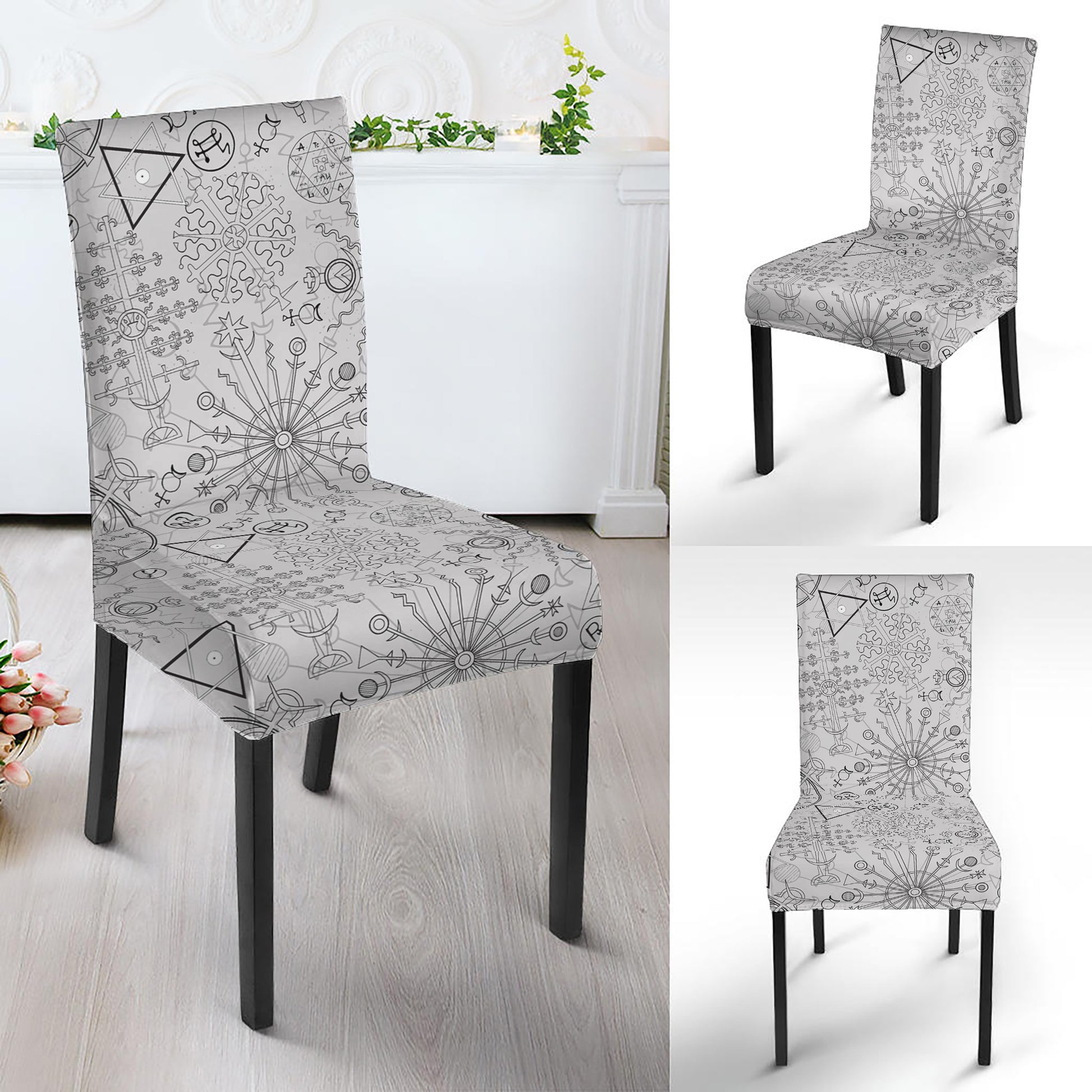 Grey And Black Mystical Wiccan Print Dining Chair Slipcover