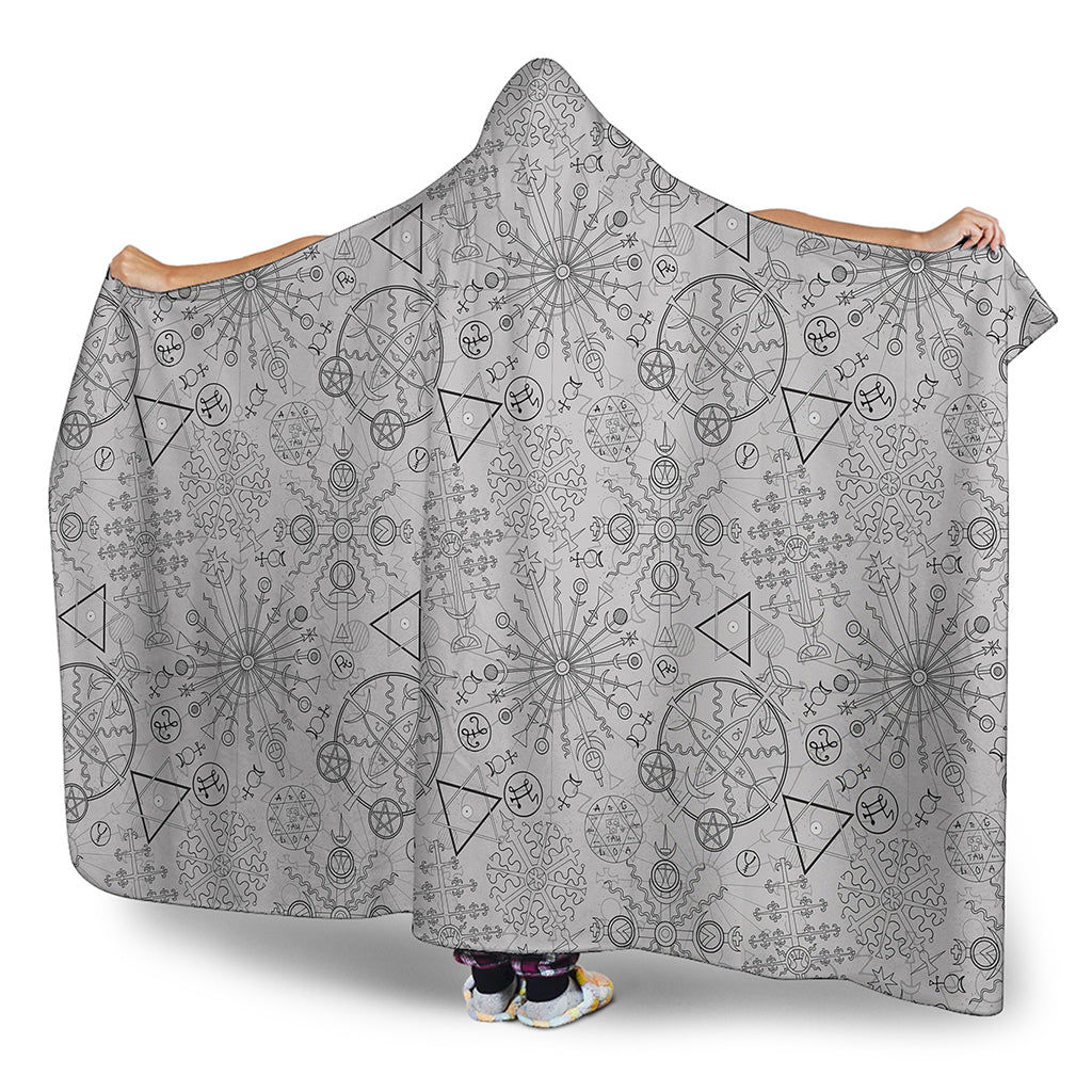 Grey And Black Mystical Wiccan Print Hooded Blanket