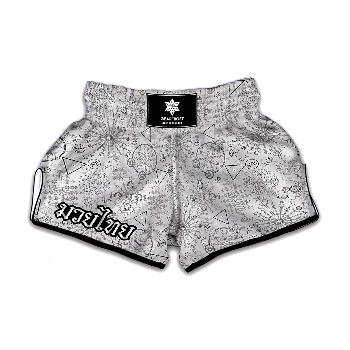 Grey And Black Mystical Wiccan Print Muay Thai Boxing Shorts