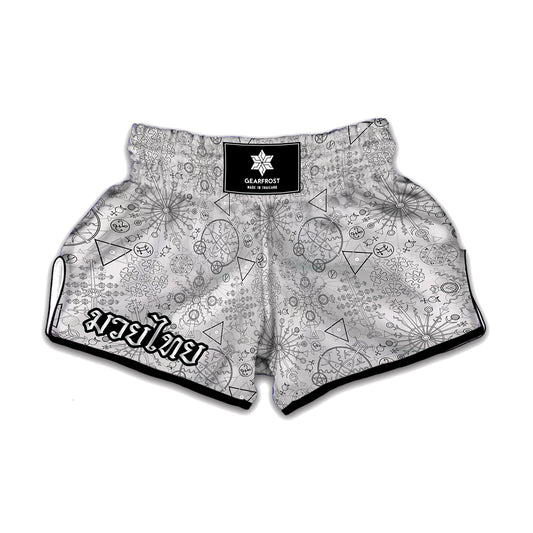 Grey And Black Mystical Wiccan Print Muay Thai Boxing Shorts