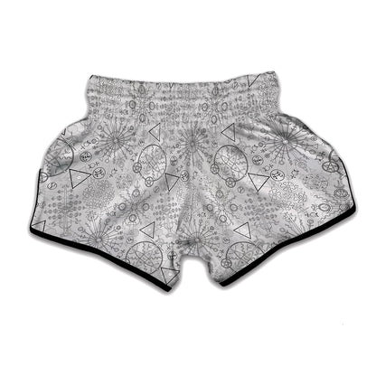 Grey And Black Mystical Wiccan Print Muay Thai Boxing Shorts