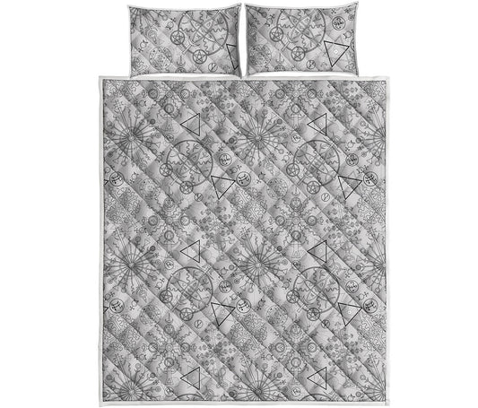 Grey And Black Mystical Wiccan Print Quilt Bed Set