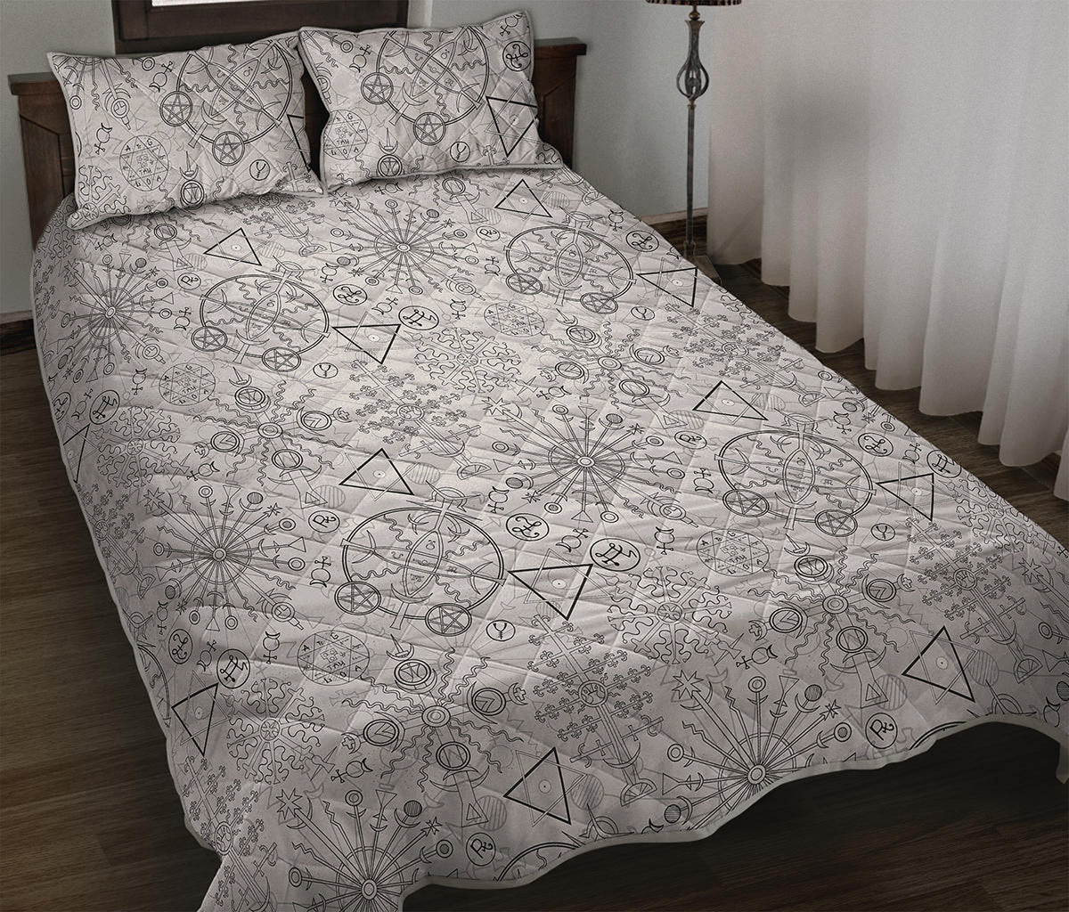 Grey And Black Mystical Wiccan Print Quilt Bed Set