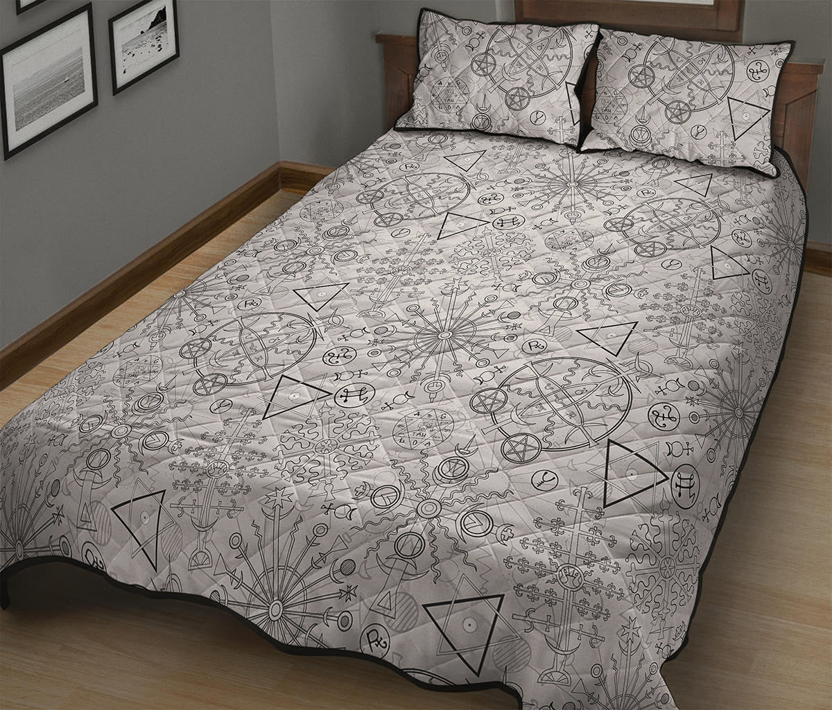 Grey And Black Mystical Wiccan Print Quilt Bed Set