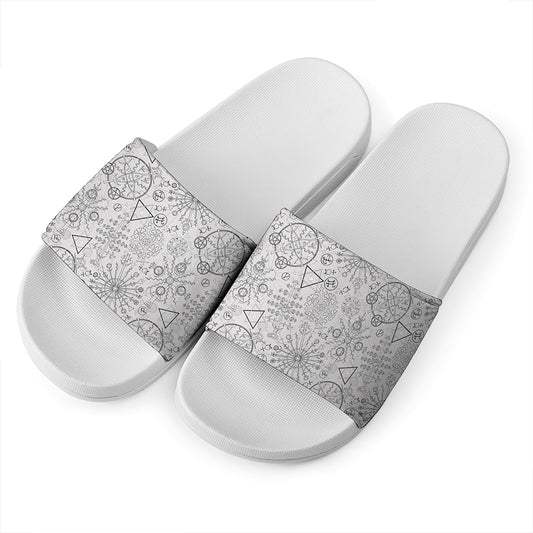Grey And Black Mystical Wiccan Print White Slide Sandals