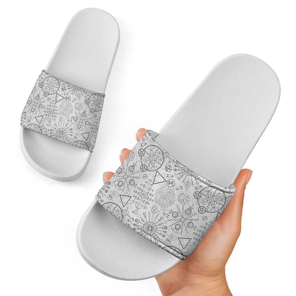 Grey And Black Mystical Wiccan Print White Slide Sandals