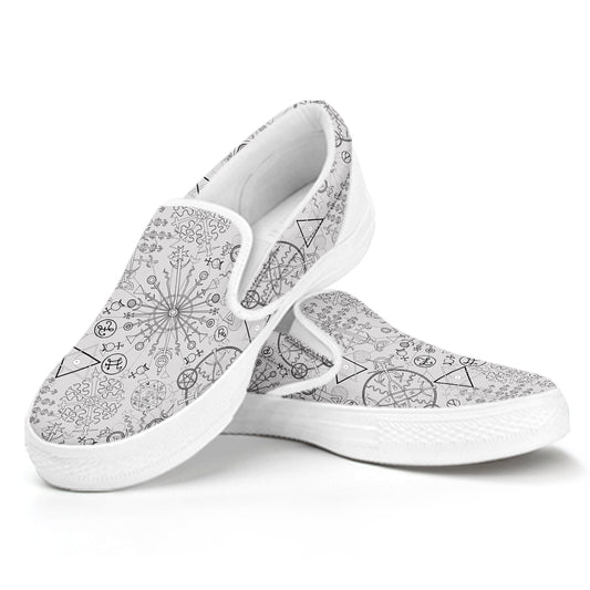 Grey And Black Mystical Wiccan Print White Slip On Shoes