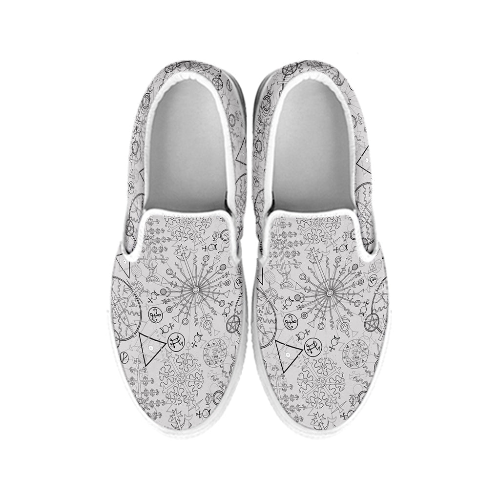 Grey And Black Mystical Wiccan Print White Slip On Shoes