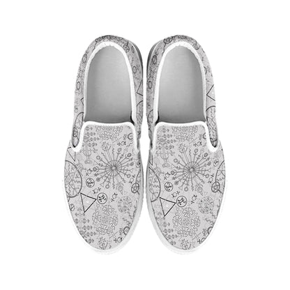Grey And Black Mystical Wiccan Print White Slip On Shoes