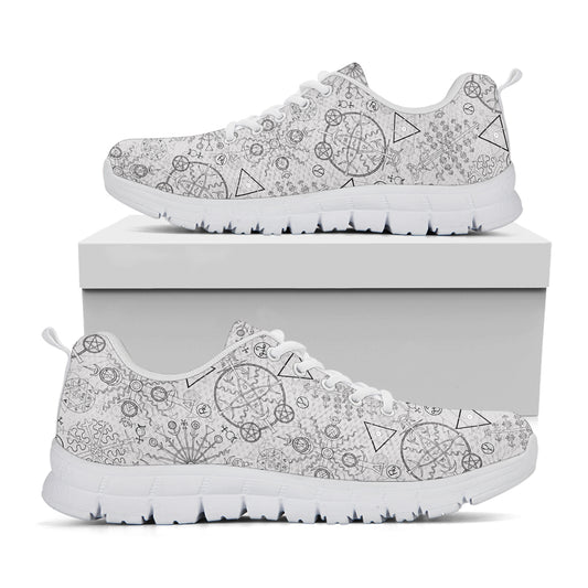 Grey And Black Mystical Wiccan Print White Sneakers