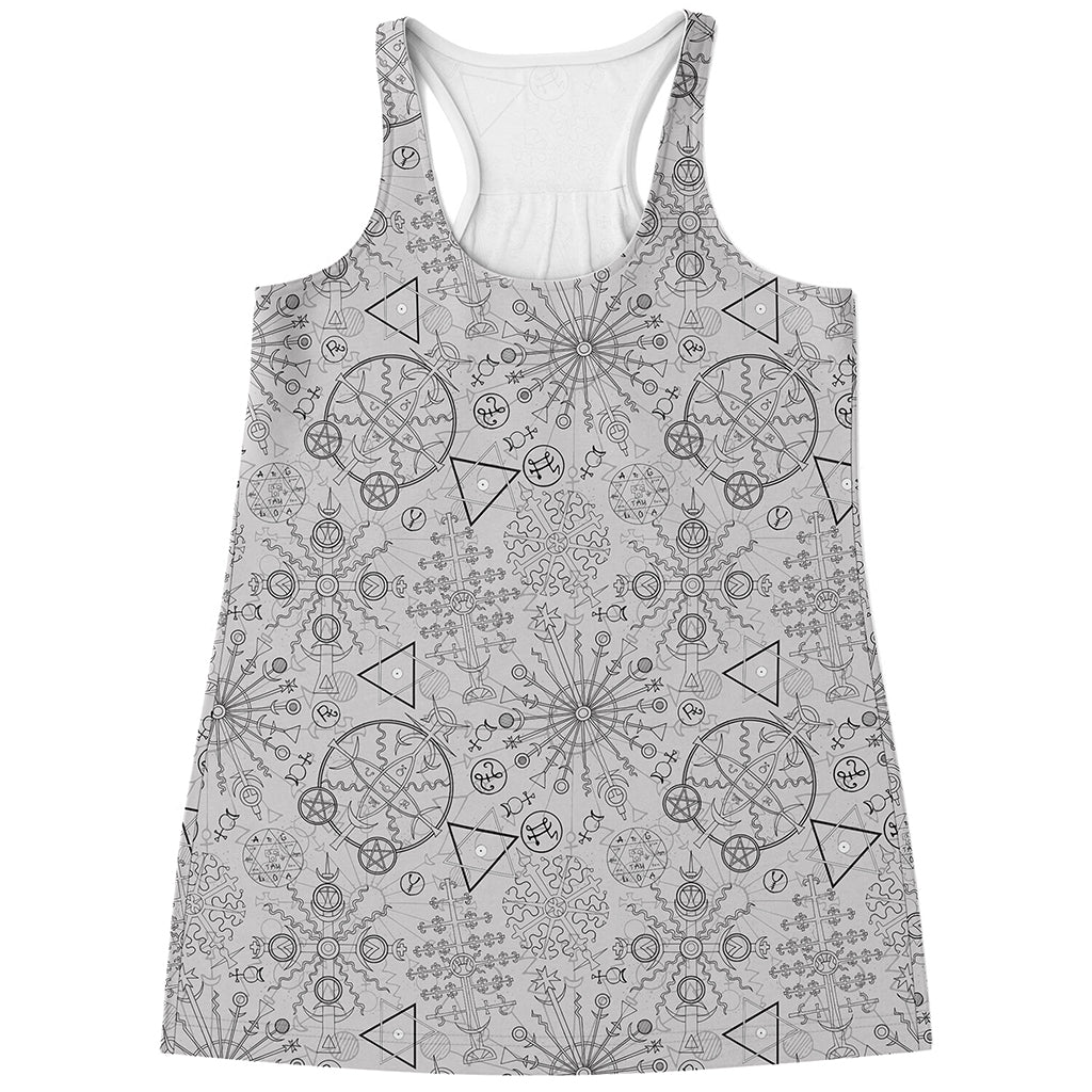 Grey And Black Mystical Wiccan Print Women's Racerback Tank Top