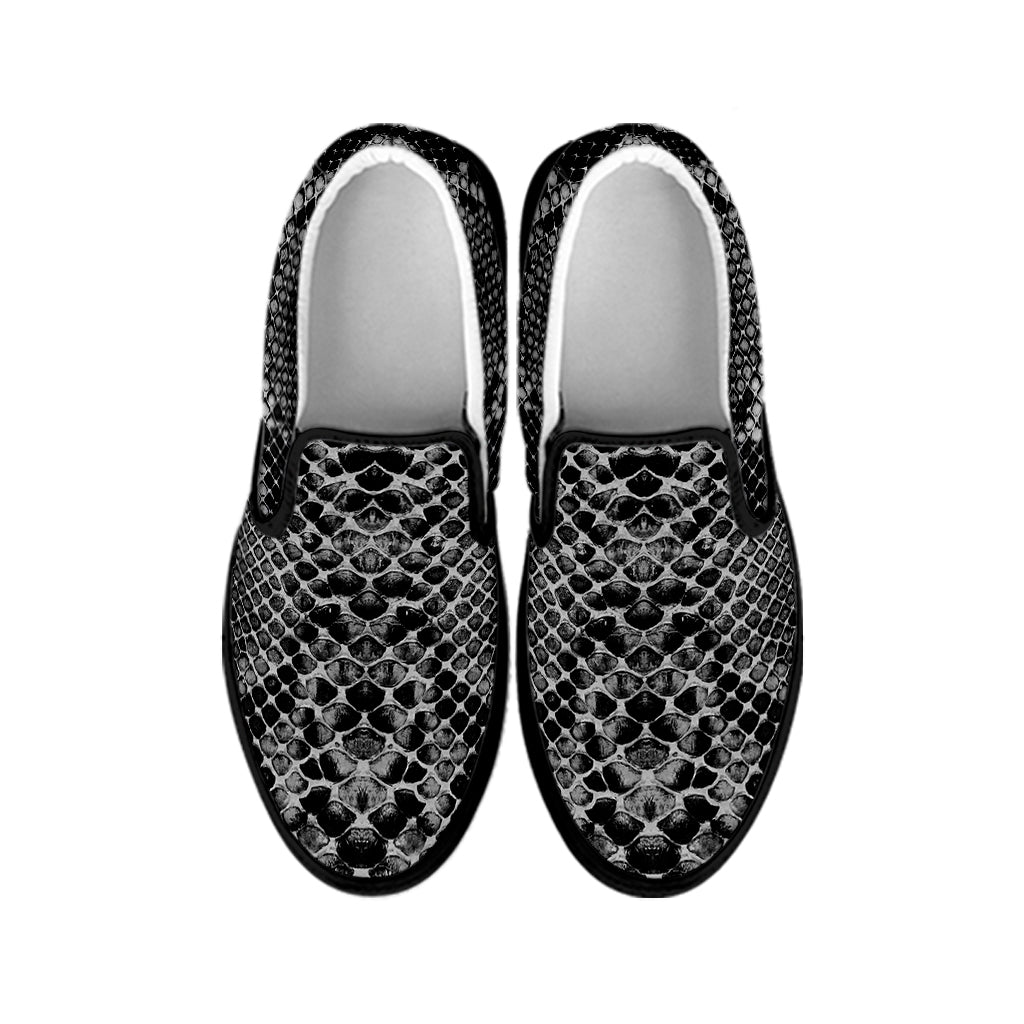 Grey And Black Snakeskin Print Black Slip On Shoes