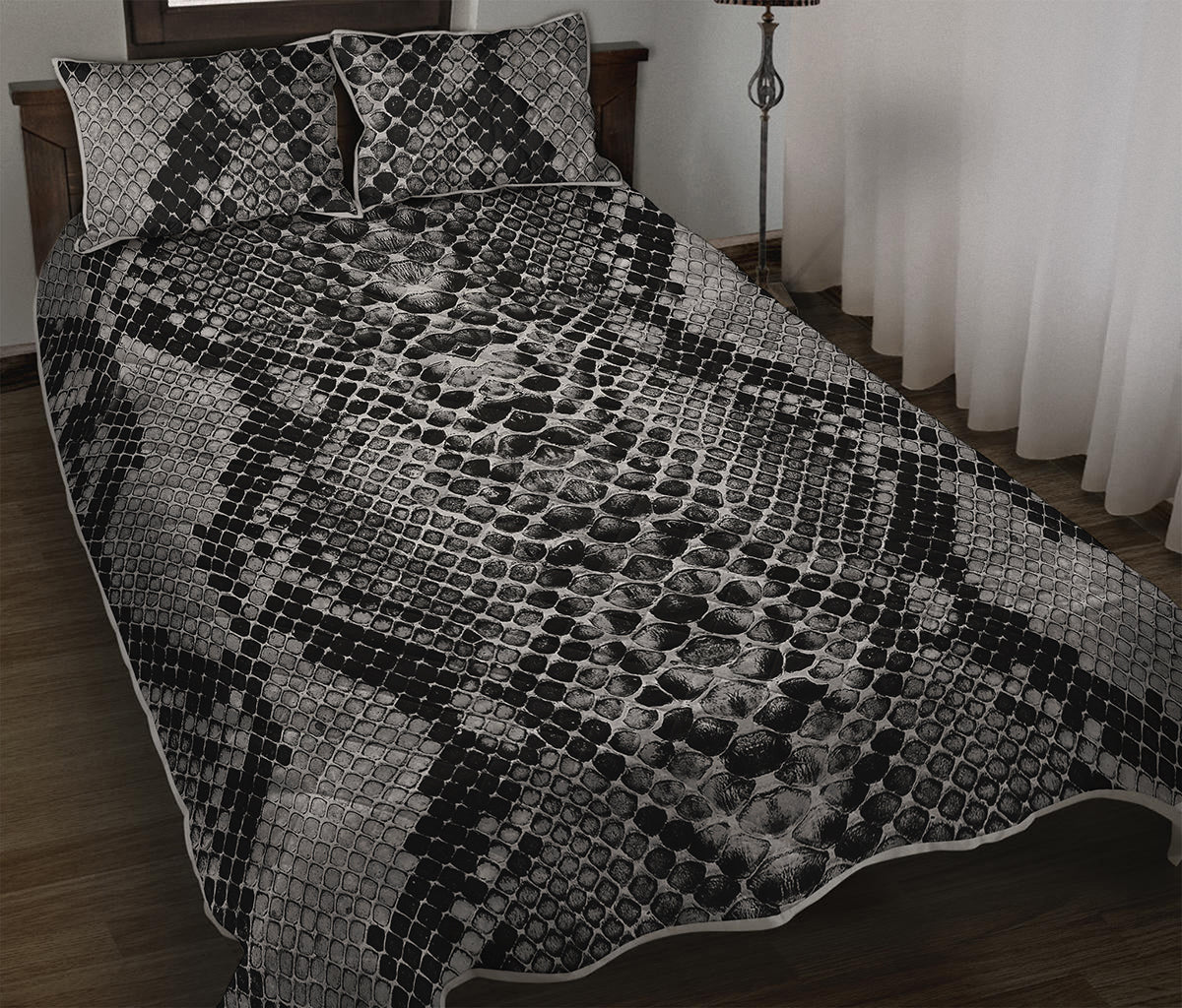 Grey And Black Snakeskin Print Quilt Bed Set